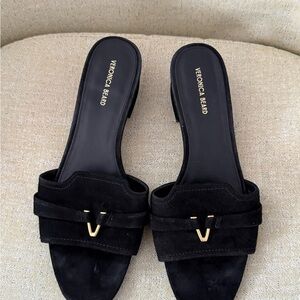 Veronica Beard Black Suede Slide Sandals with Gold Accent